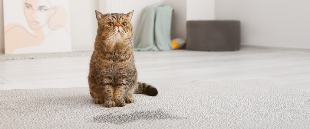 Cat sitting beside pee on carpet.