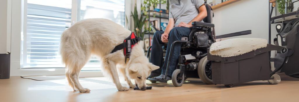 Service dog opening door for handler in wheelchair.