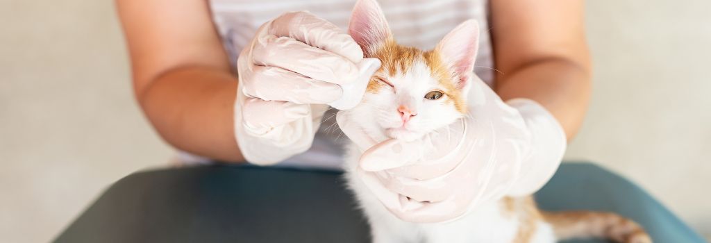 Veterinarian rinsing cat eye.