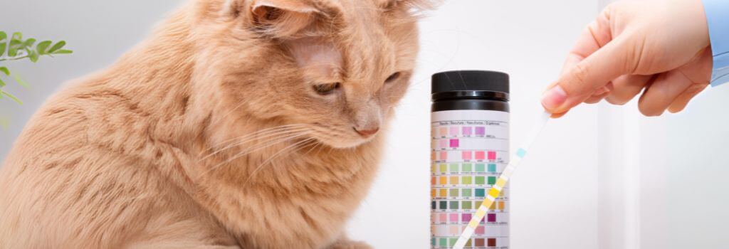 orange cat with urinalysis stick for possible blood in urine.